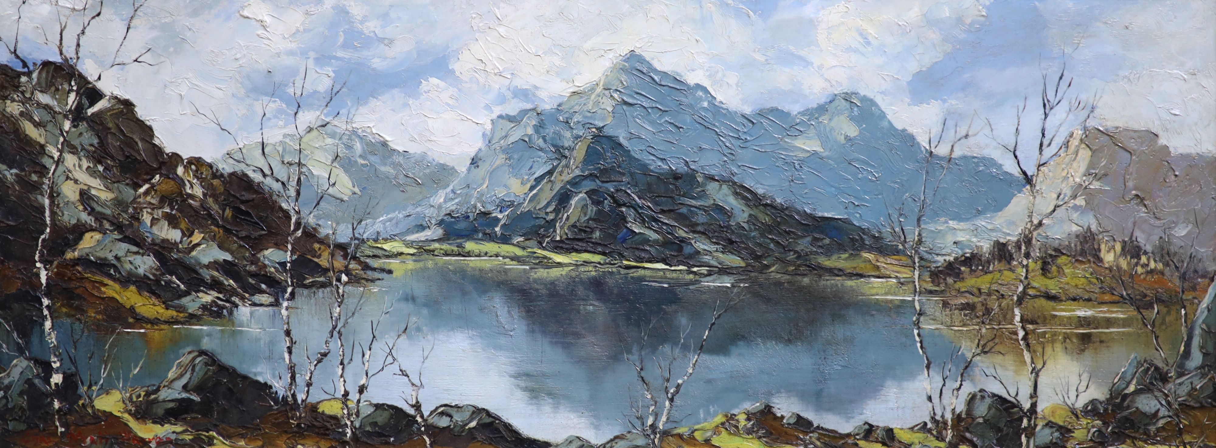 Wyatt Warren (1908-1993), Snowdon from Llyn Padarn, oil on board, 29 x 74cm